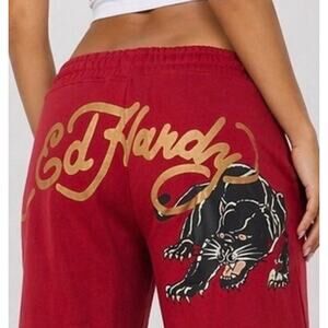 Ed Hardy Sweatpants Women Large Red Wide Leg Flare Don Dragon Tiger Y2K Pants